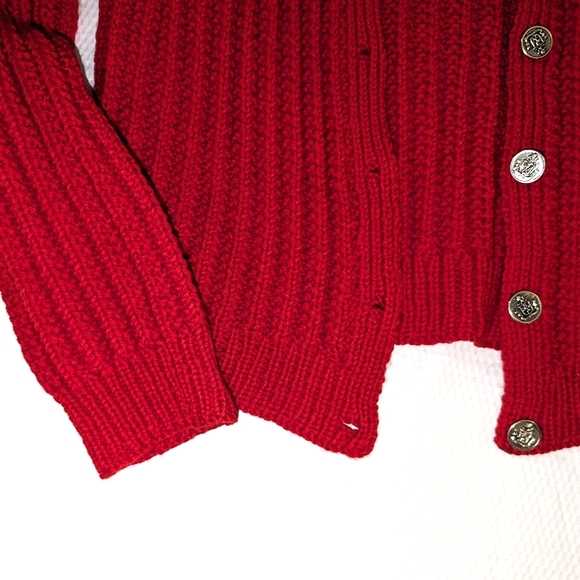 Red Chunky Crocheted Cardigan with Silver Crest Buttons - Medium - Picture 4 of 5